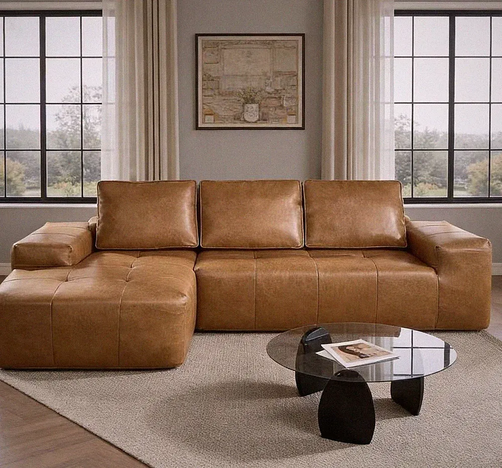 Boneless Couches for Living Room,Brown Faux Leather Cloud Sectional Couches with