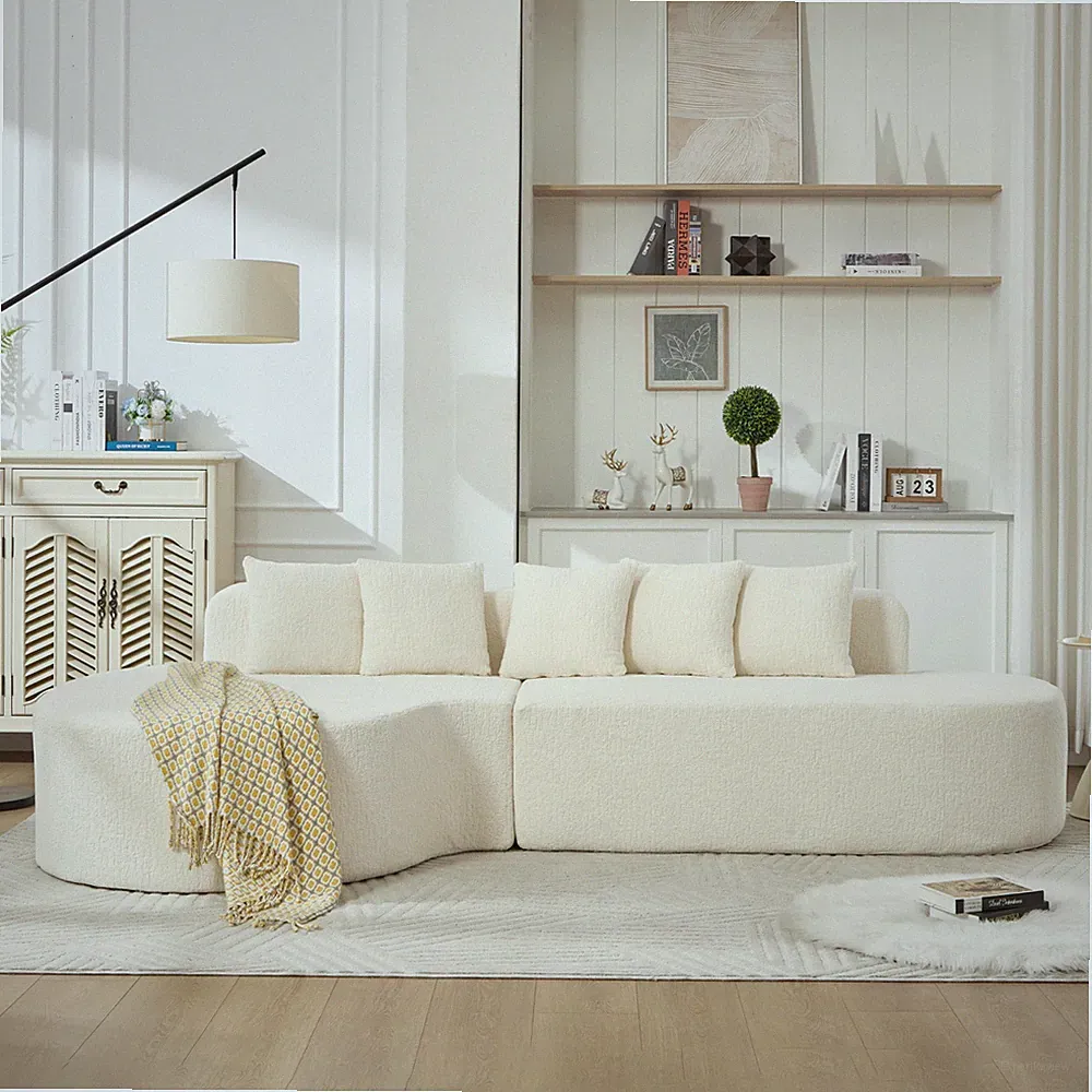 Boneless Curved Sectional Sofa 110.2" X 62" with 5 Pillows White