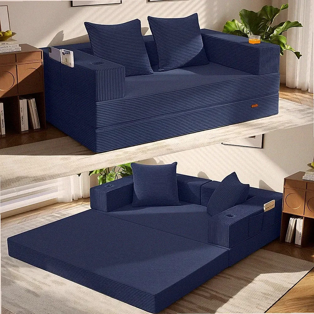 Boneless Futon Sofa Bed 59" Small Low-Profile Floor Couch Navy 11.8 in seat