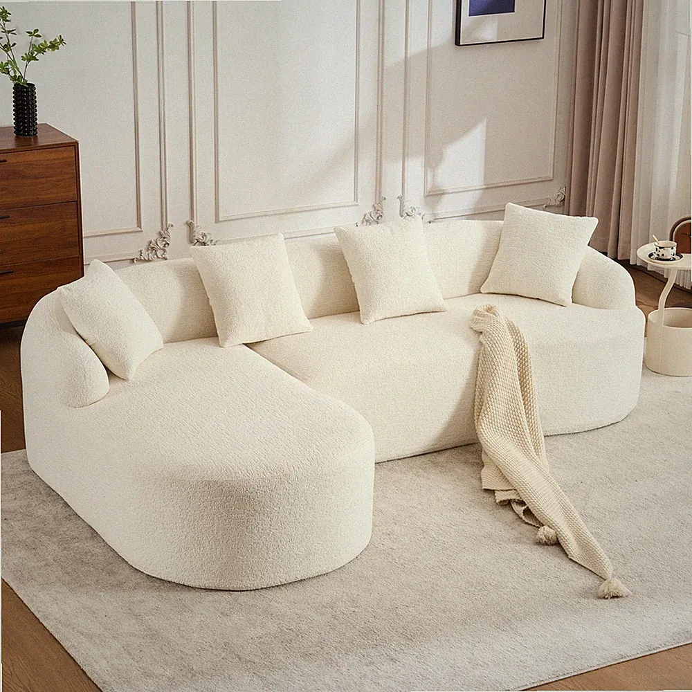 Boneless L-Shape Sectional Sofa w/Curved Chaise,White Modular Chenille Compressi