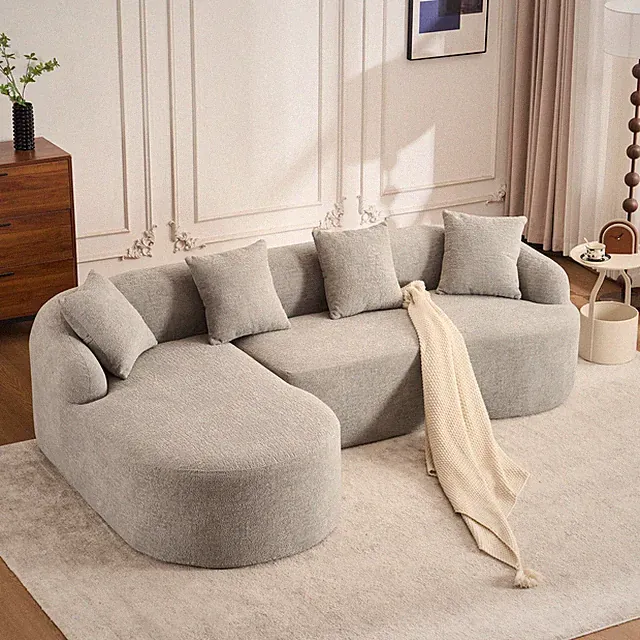 Boneless L-Shape Sectional Sofa with Curved Chaise,Grey Modular Chenille Compre