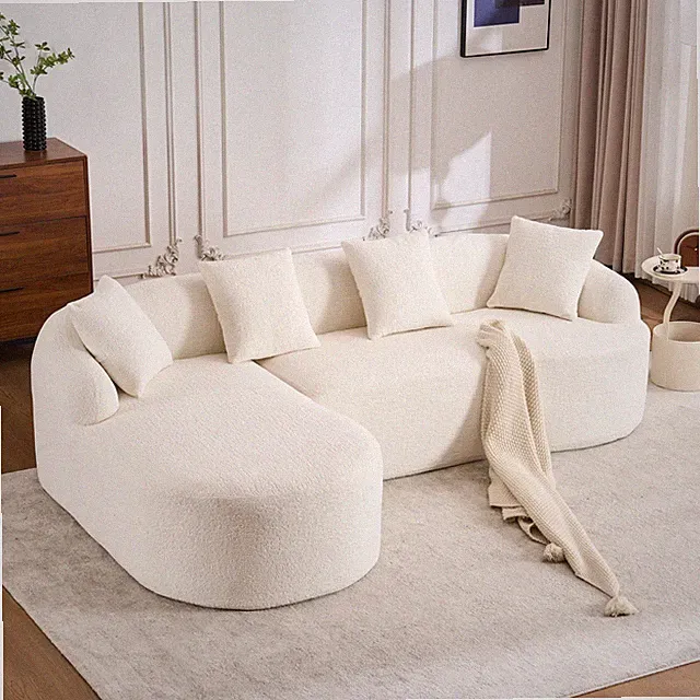 Boneless L-Shape Sectional Sofa with Curved Chaise,White Modular Chenille Compre