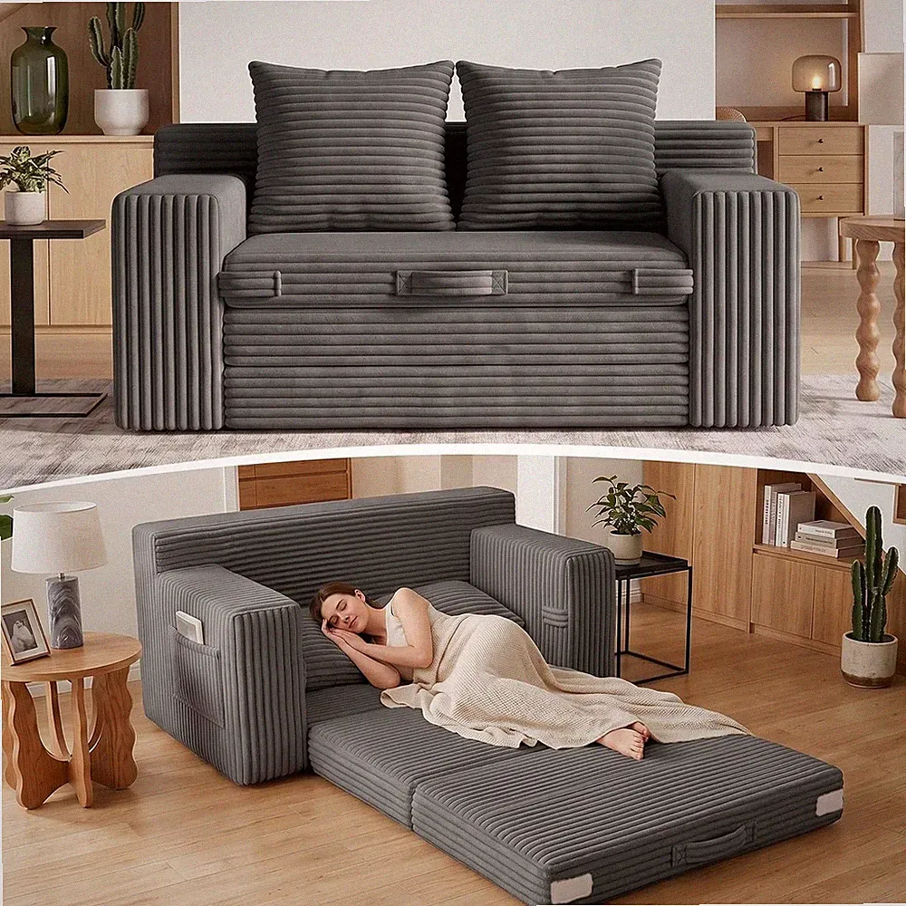 Boneless Loveseat Sofa Bed, Tri-Folding Convertible Futon Sleeper with Handle &