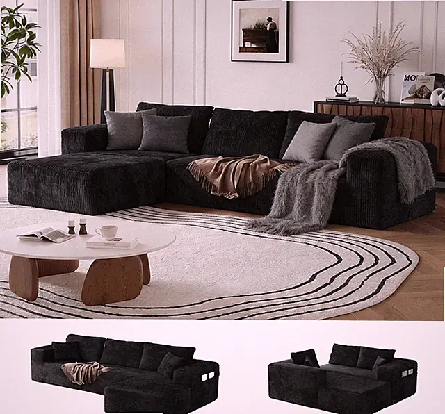 Boneless Sectional Couch Black L Shape Sofa Ottoman with Recliner Bed Memory Foa
