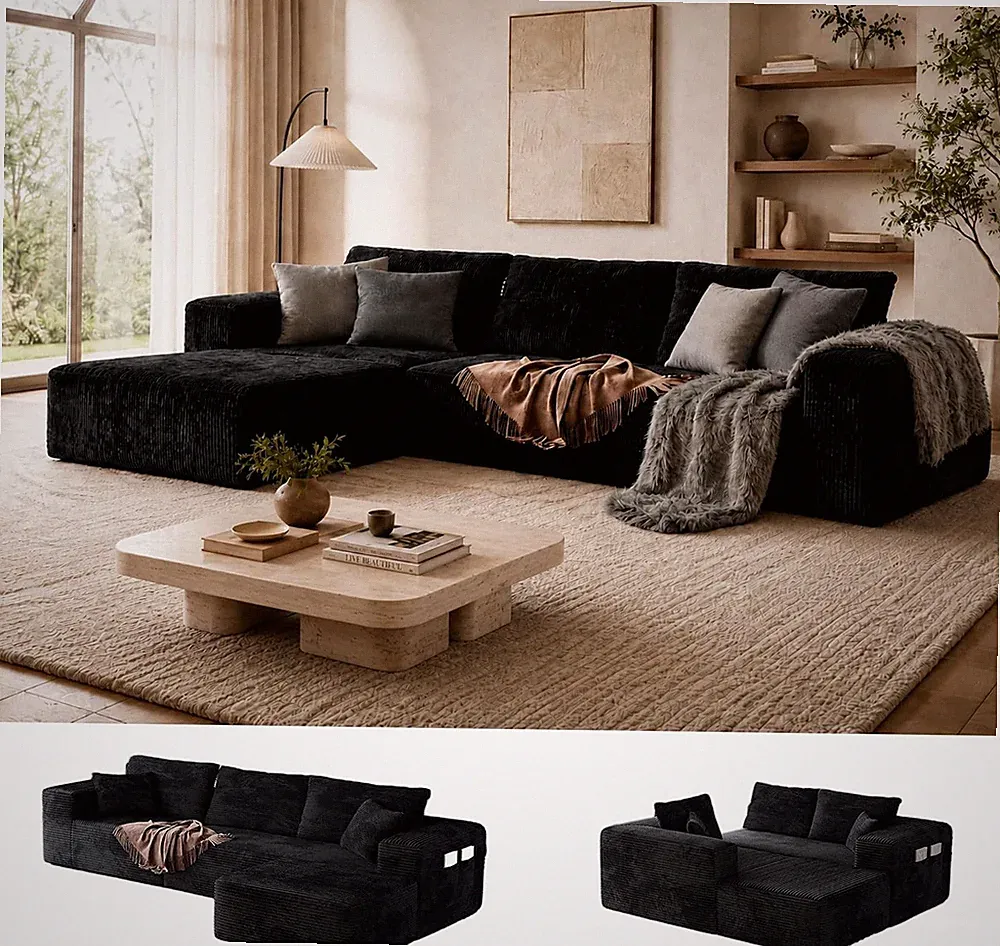 Boneless Sectional for Living Room Black L-Shape Couch in Box Sofa Memory