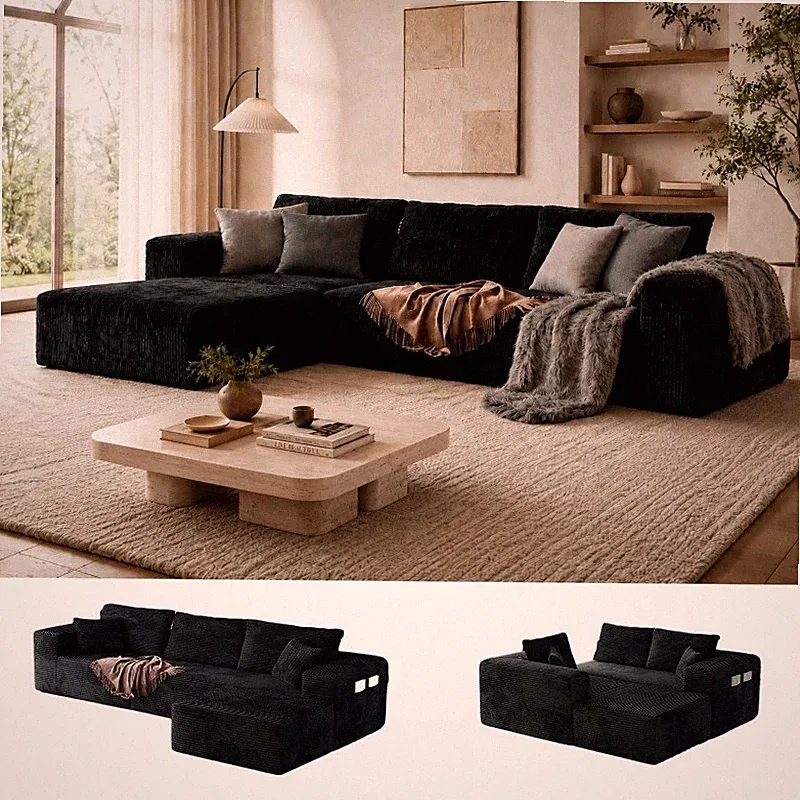 Boneless Sectional for Living Room Black L-Shape Couch in Box Sofa Memory