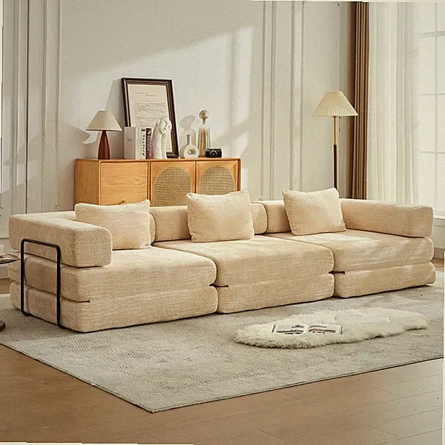 Boneless Sectional Sofa Bed, Foldable Memory Foam Chaise, Chenille 3-Seater