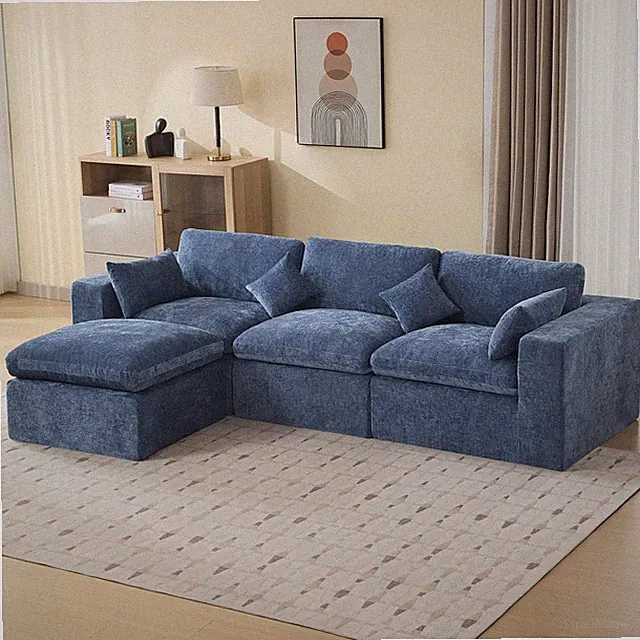 Boneless Sectional Sofa Deep Seat Ottoman Chenille L Shape 4 Seater Blue