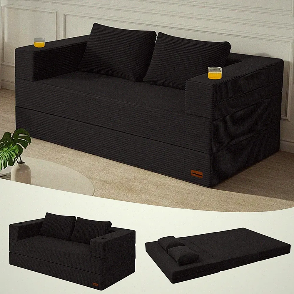 Boneless Sofa Bed Queen, 94x59 in Extra Long Futon, Black