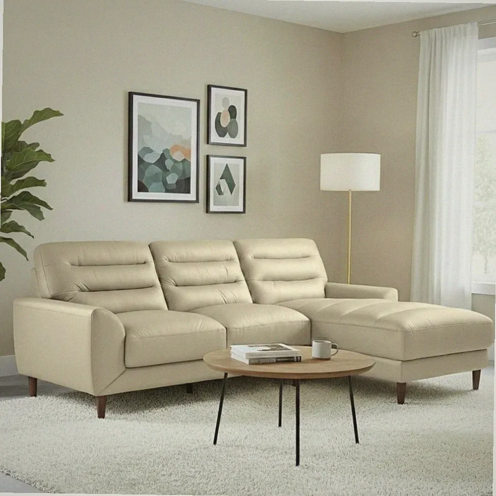 Boone Genuine Leather Sectional Sofa & Chaise with Minimalist Design in Cream