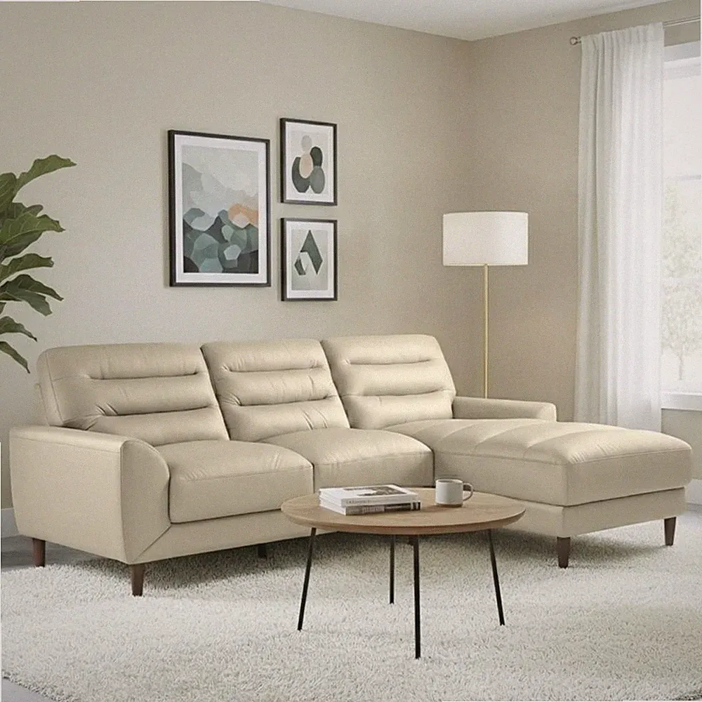 Boone Genuine Leather Sectional Sofa & Chaise with Minimalist Design in Cream