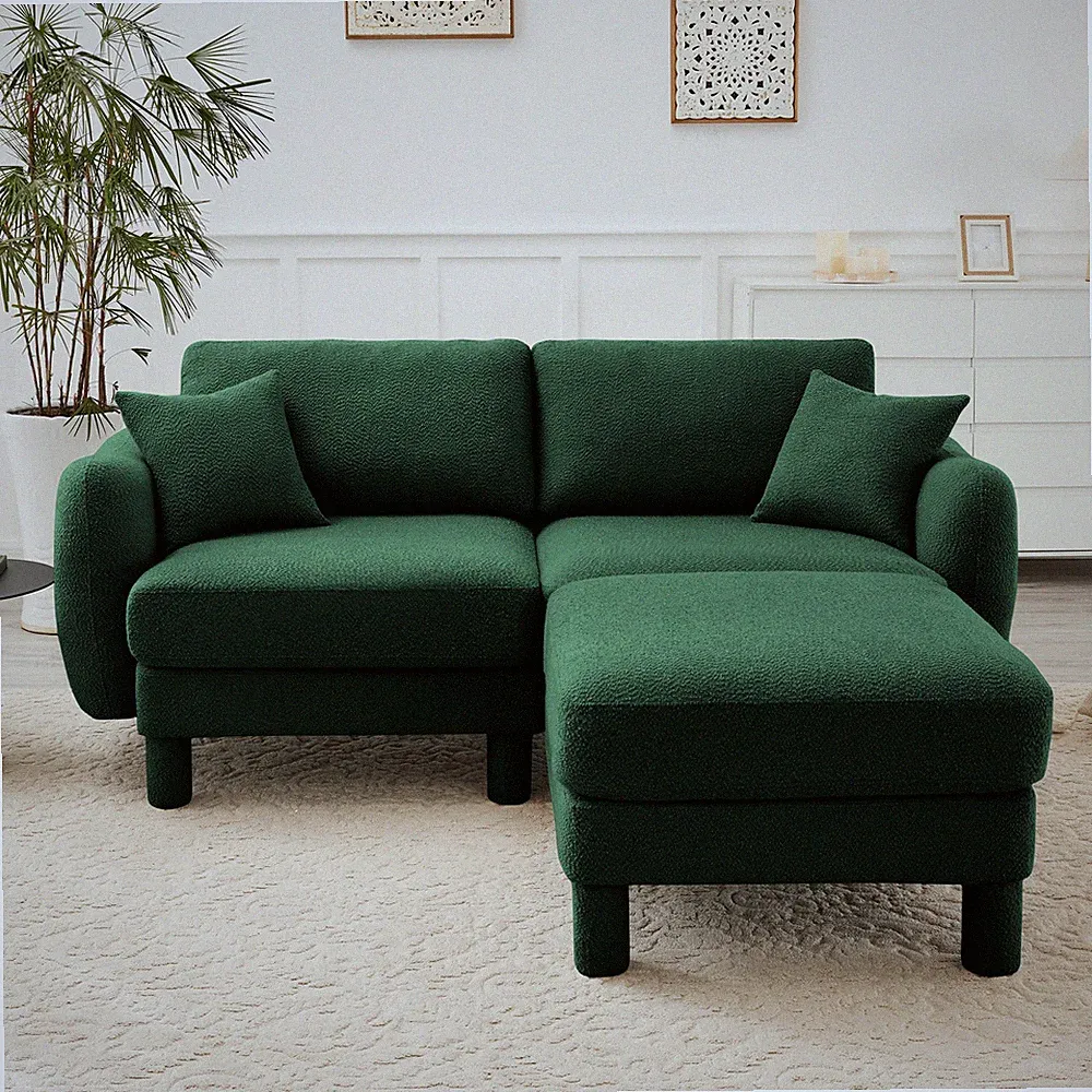 Boucle Fabric 2-Seater Sectional Sofa w/ Ottoman, Curved Armrests, Green