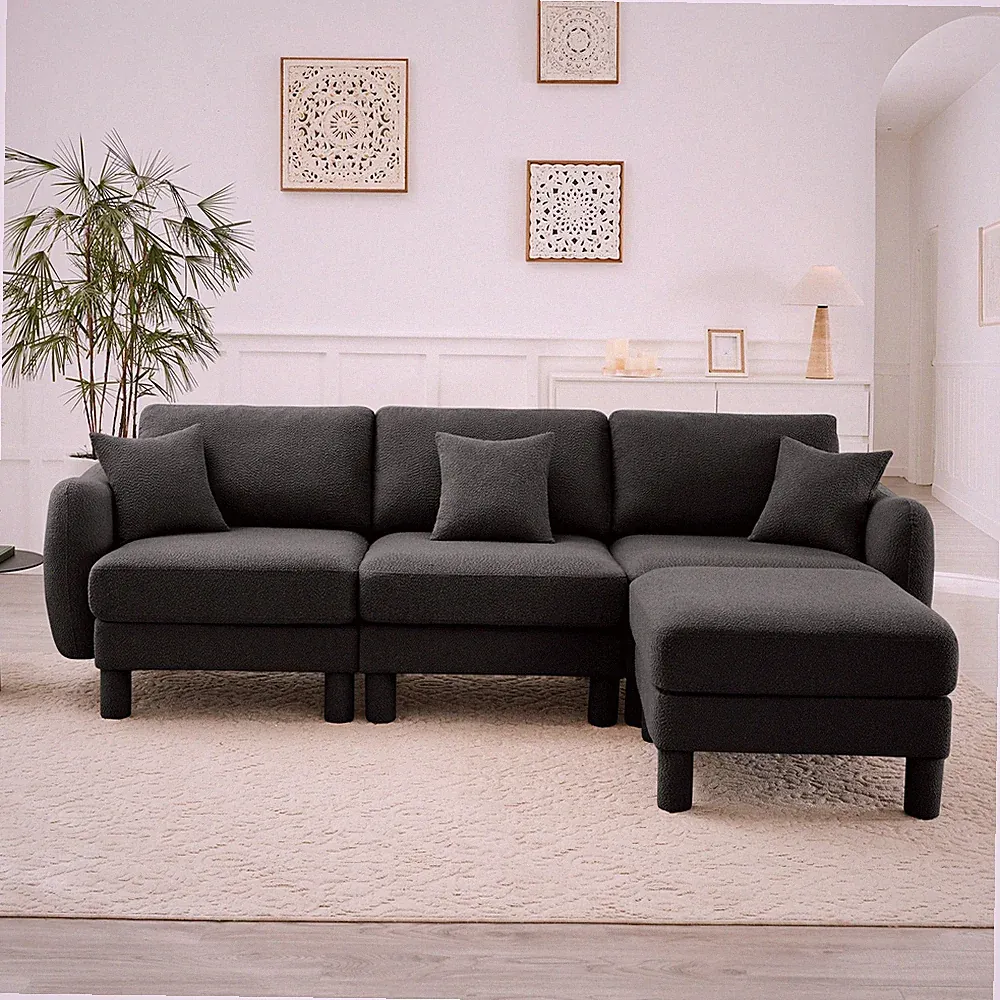 Boucle Fabric Convertible L-Shape Sectional 3-Seater Sofa, Dark Gray, w/Ottoman