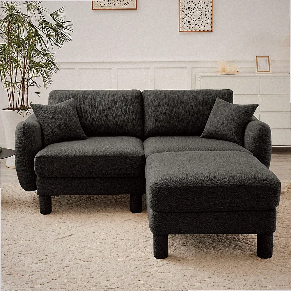 Boucle Fabric Sectional Sofa w/ Ottoman, Dark Gray, Modern 2-Seater Loveseat