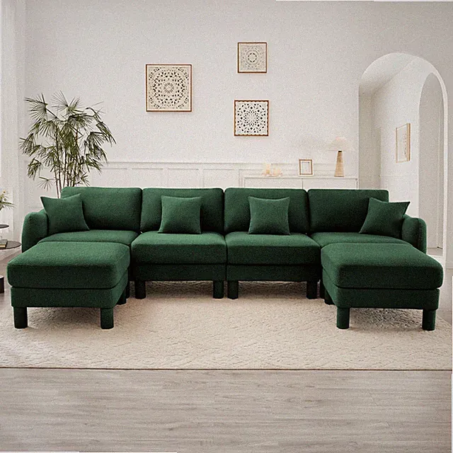 Boucle Fabric U-Shape Sectional Sofa 4-Seater w/ 2 Ottomans, Green Color