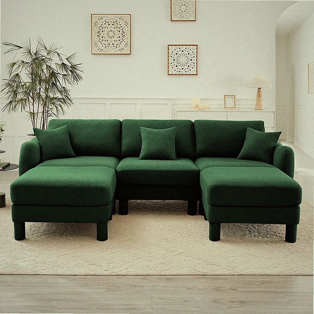 Boucle Fabric U Shaped Sectional Sofa, 3 Seat Green Modern Living Room Sofa