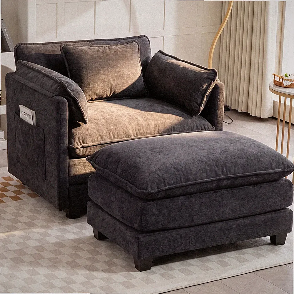 Boucle Single Sofa Bed with Ottoman, 55.32" x 39.76" x 34.25", Black