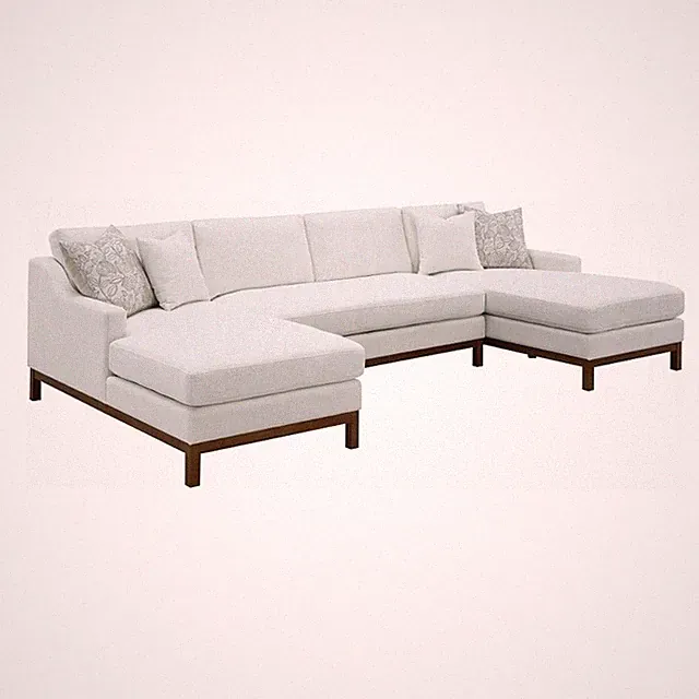 Bowery Hill 127" U Shape Sectional Sofa 4 Toss Pillows in Ivory Chenille