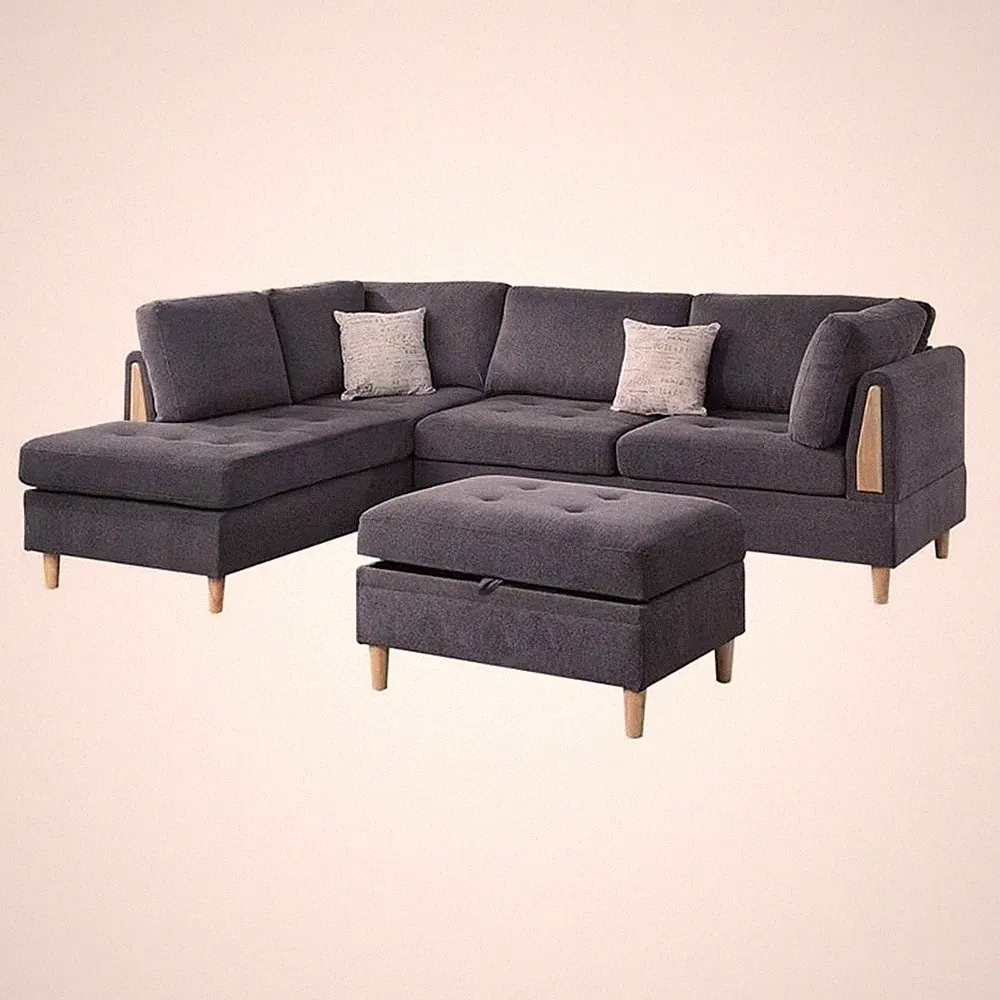 Bowery Hill 3 Piece L Shape Sectional Sofa Set with Ottoman in Charcoal