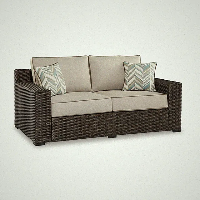 Bowery Hill Coastal Wicker / Rattan Brown Outdoor Loveseat with Cushion