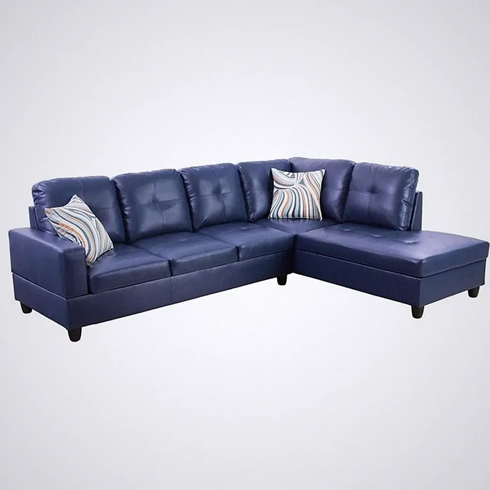Bowery Hill Contemporary Faux Leather Right Sectional Sofa in Blue