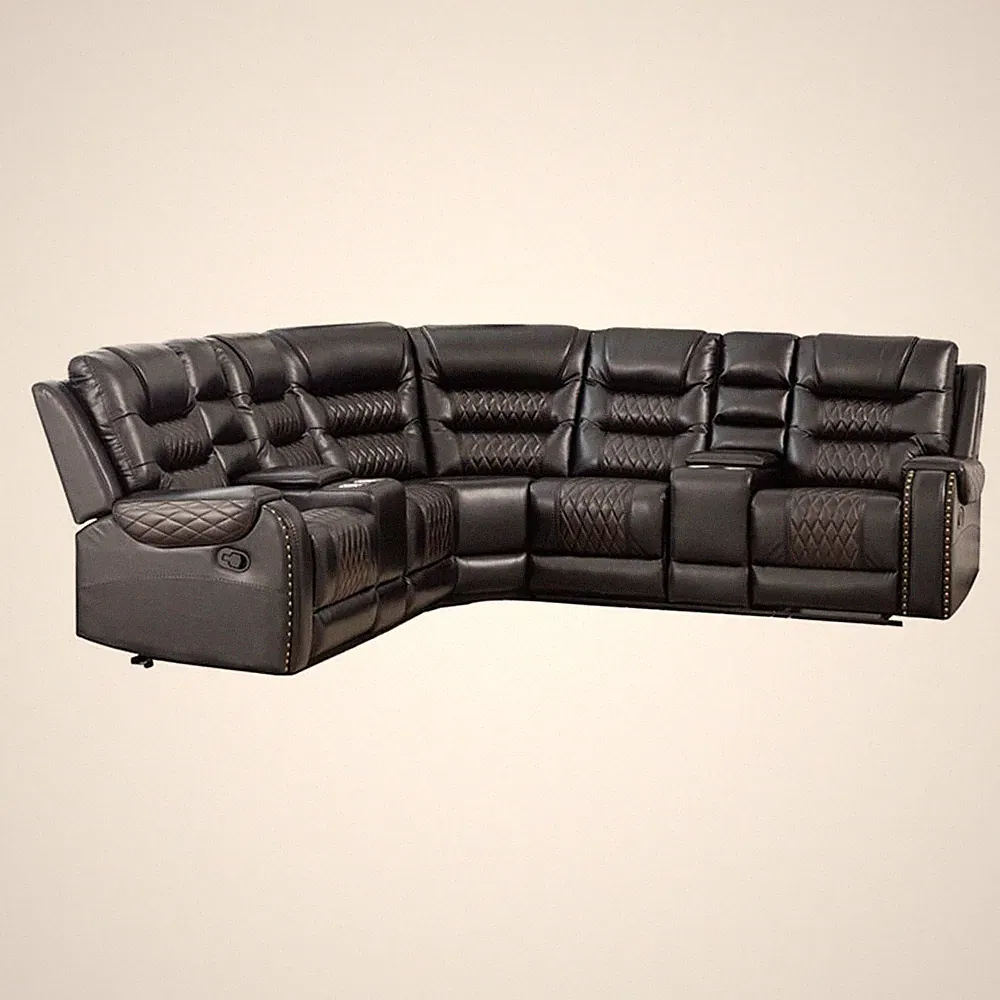 Bowery Hill Manual Recliner Sectional Sofa Set PU Leather L-Shaped in Black