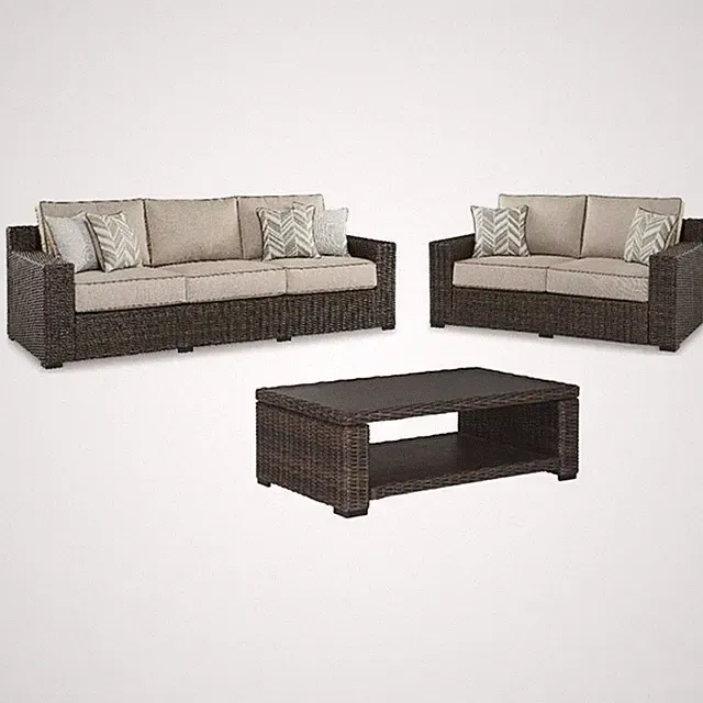 Bowery Hill Outdoor Patio Set of Coffee Table, Loveseat, & Sofa in Brown with...