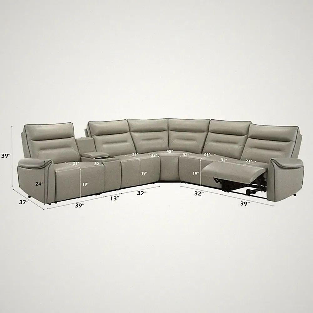 Bowery Hill Power Motion Sectional Sofa in Light Gray Top Grain Leather