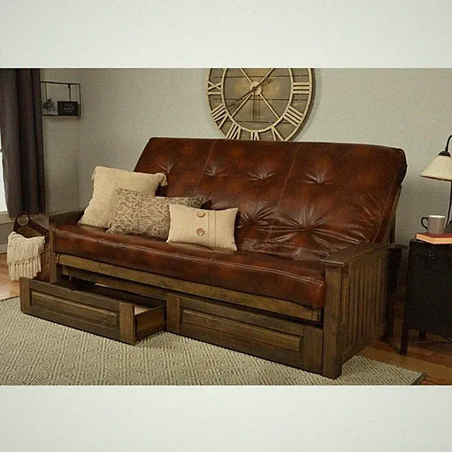 Bowery Hill Queen-size Wood Storage Futon-Saddle Brown Mattress