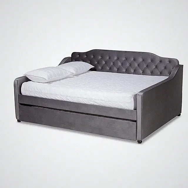 Bowery Hill Transitional Velvet Button Tufted Full Daybed with Trundle in Gray