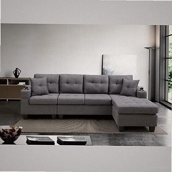 Brand New Fabric Sectional Sofa Grey L-Shape Couch Modern with Cup Holders NIB