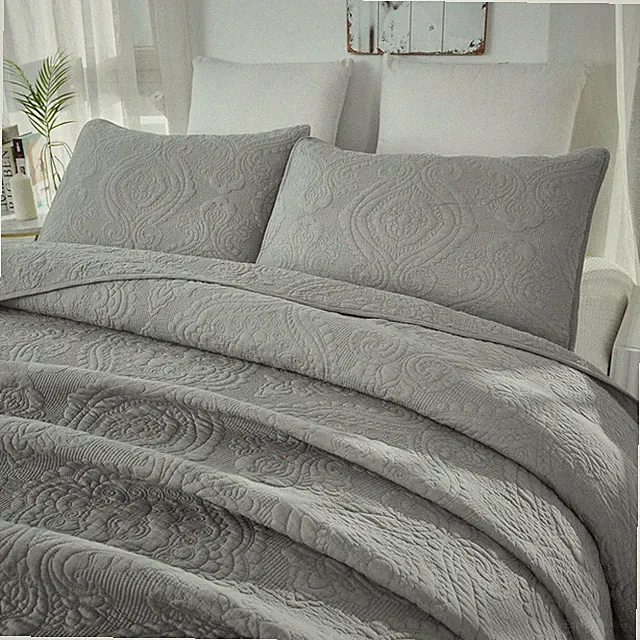 Brandream Queen Size Quilt Set Cotton Luxury Quilted Bedding Set Gray Damask