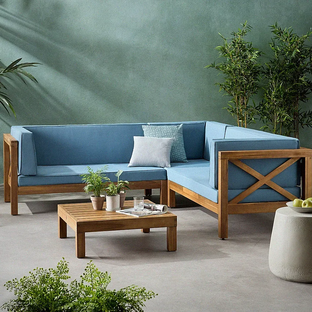 Brava Outdoor 4 Piece V-Shaped Acacia Wood Sectional Sofa and Coffee Table Set