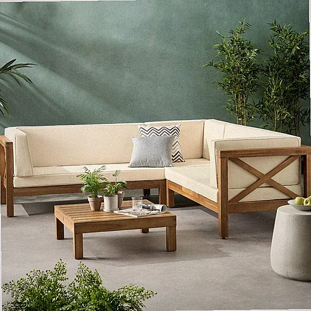 Brava Outdoor 4 Piece V-Shaped Acacia Wood Sectional Sofa and Coffee Table Set