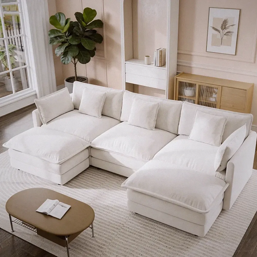 Breathable Chenille Fabric Sectional Sofa Couch White Contemporary Modular Sofa