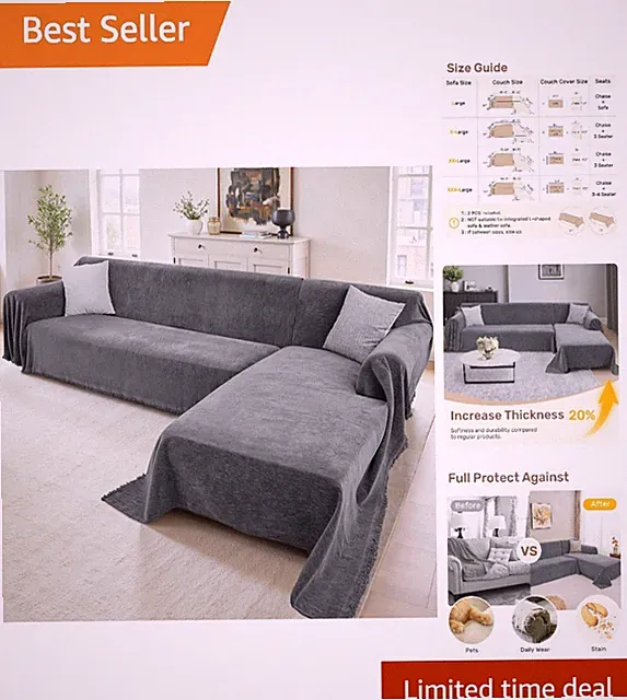 Breathable L Shaped Couch Cover - 2 Piece XL Dark Grey & Soft Chenille Fabric