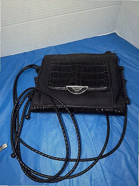 Brighton RARE Bag Organizer 3 Section Black W Brown Leather Trim Braided Straps
