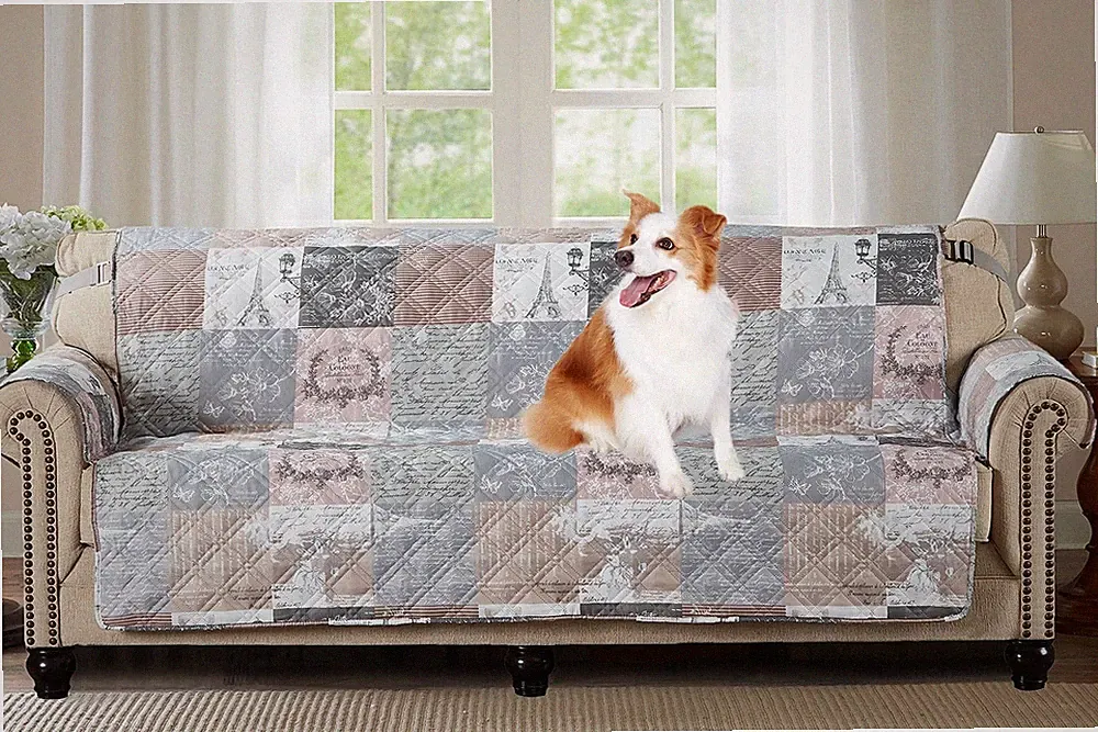 Brilliant Sunshine Paris and Toile Floral Couch Slip Cover, Patchwork Design,...