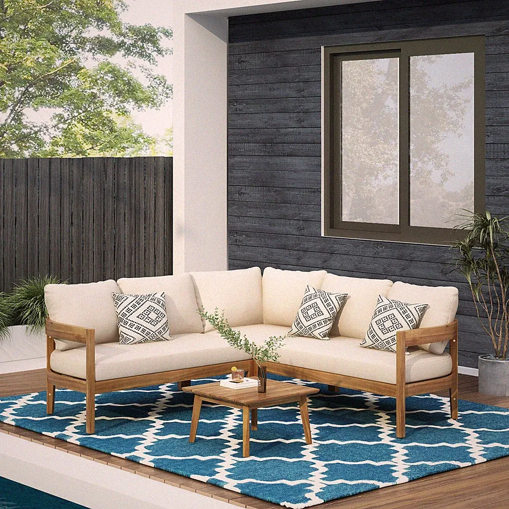 Brooklyn Outdoor Acacia Wood 5 Seater Sectional Sofa Chat Set with Cushions, Tea