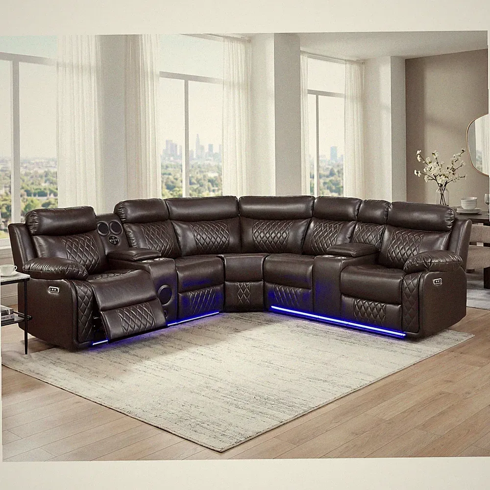 Brown 3-Piece Power Reclining Sectional with Consoles & Speakers