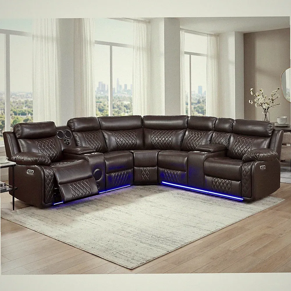 Brown 3-Piece Power Reclining Sectional with Consoles, Speakers, LED, Charging