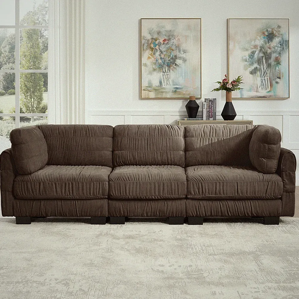 Brown 3 Seat L-Shape Modular Sectional Sofa with Ruched Chenille Fabric