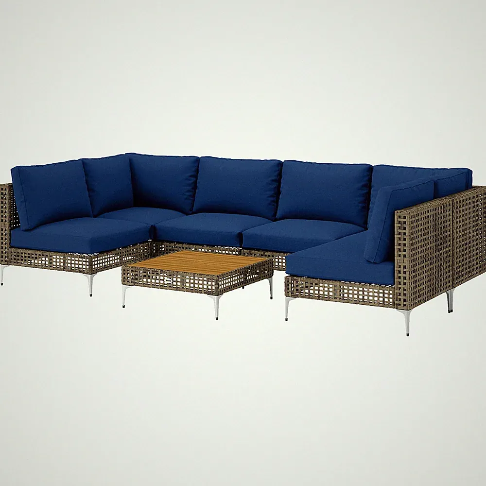 Brown and Blue Outsunny 7 Piece Wicker Patio Furniture Set, Outdoor Sectional