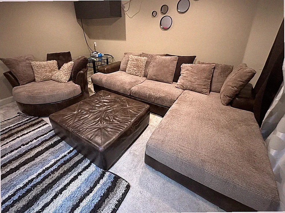 Brown/Beige Sectional Couch With Ottoman Used