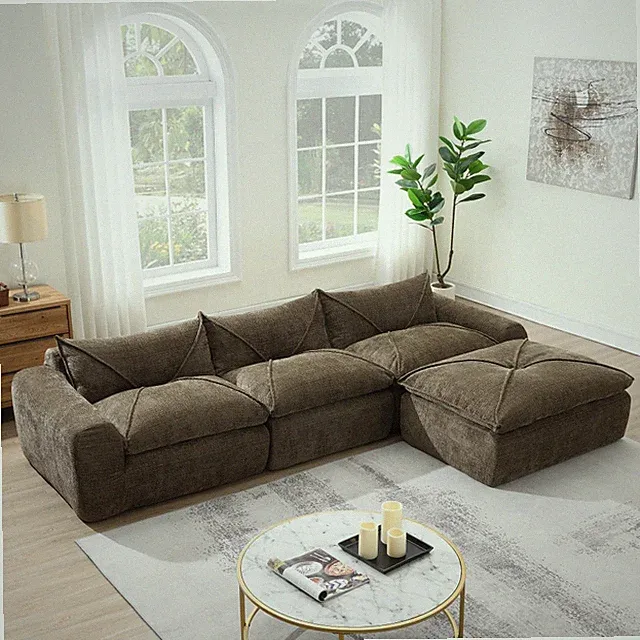 Brown Chenille 4-Seater Sectional Sofa w/Ottoman - No Assembly