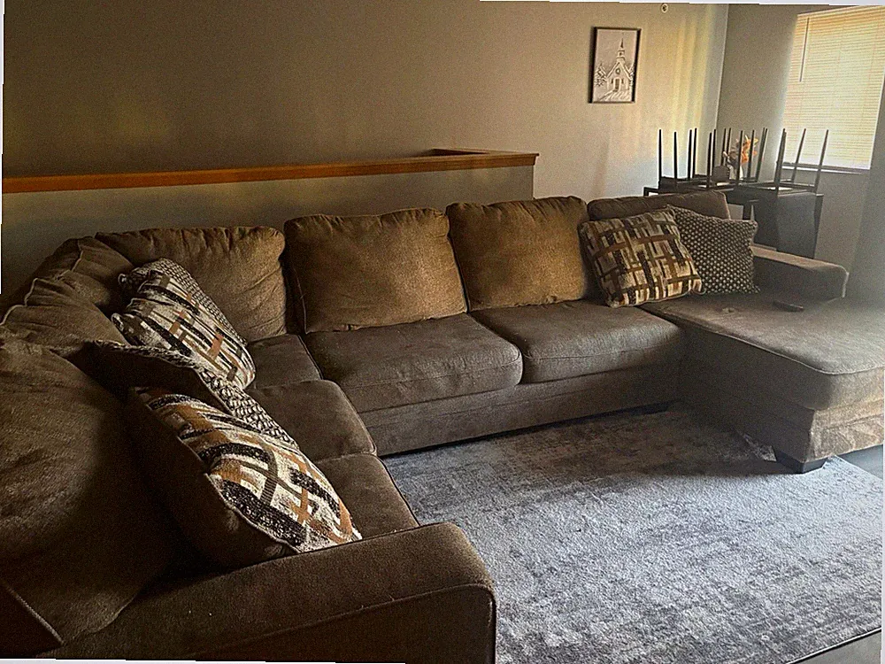 Brown Chenille Sectional Sofa w/ Chaise, Track Arms, Cushion Back, 100in