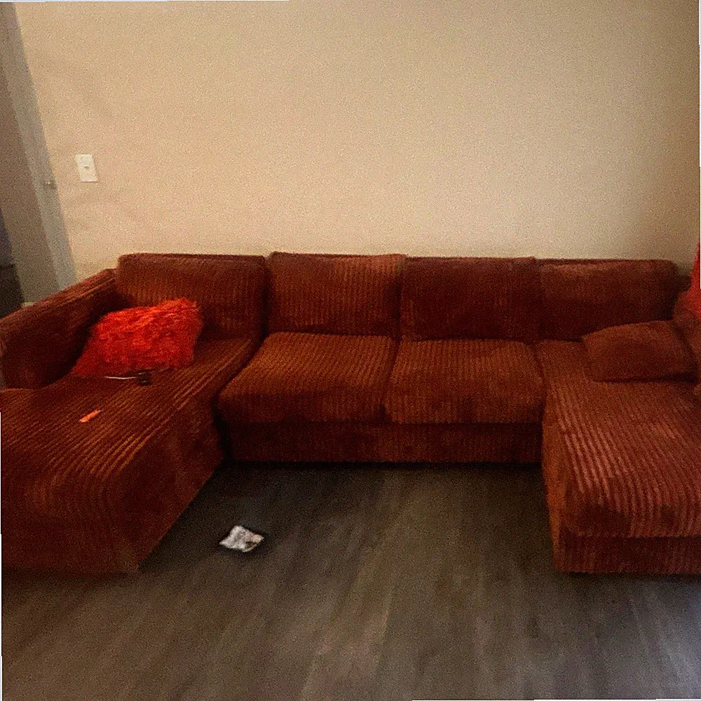 Brown Corduroy 3-Piece Sectional Sofa w/ Orange Pillows, Removable Cushions