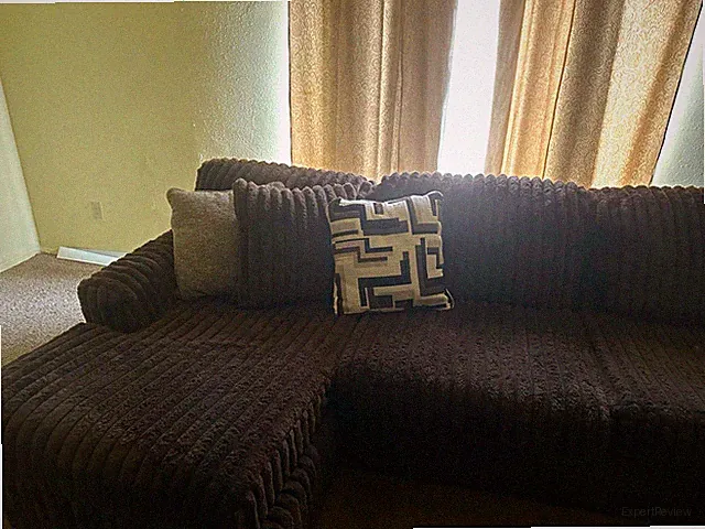 Brown Corduroy Sectional Sofa, Rolled Arms, Cushion Back, With Cushions