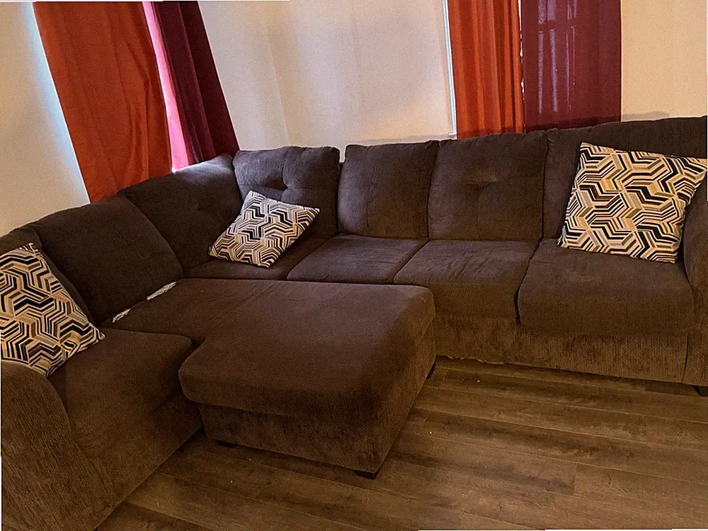 Brown Fabric Sectional Sofa 5-Seater with Cushions for Living Room