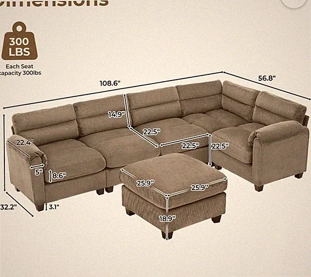 Brown Fabric Sectional Sofa Couch w/ Chaise & Ottoman 108.6 x 56.8 x 31.5"